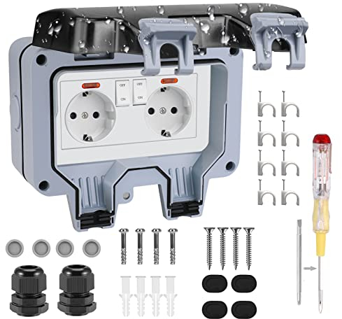 Drezesov Außensteckdose Steckdose Aufputz, IP66 Wetterfest Verdickte Wandsteckdose mit Schalter Kontrollleuchte 2 Fach Outdoor 16A Gartensteckdose mit Klappdeckel für Feuchtraum Aussenbereich