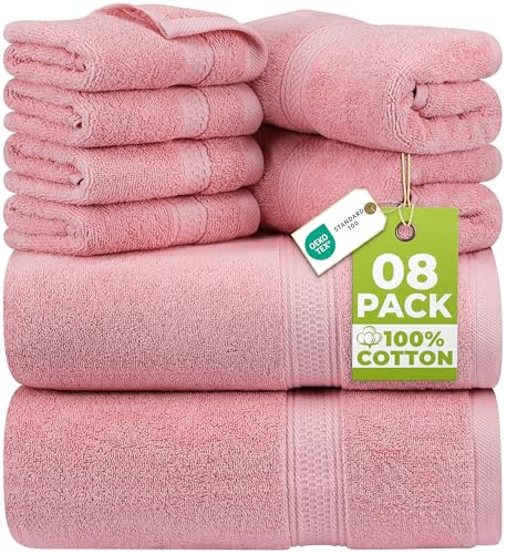 Utopia Towels 8-teiliges Premium-Handtuch-Set, 2 Badetücher, 2 Handtücher und 4 Waschlappen, 600 g/m², 100% ringgesponnene Baumwolle, Fitnessstudio, Hotel und Spa (Altrosa)
