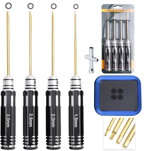 HobbyPark 4pcs 1.5mm 2.0mm 2.5mm 3.0mm Hex Screw Driver Set Titanium Hexagon Screwdriver Wrench Tool Kit Allen Keys, Screw Tray, Hex Wrench RC Repair Tools