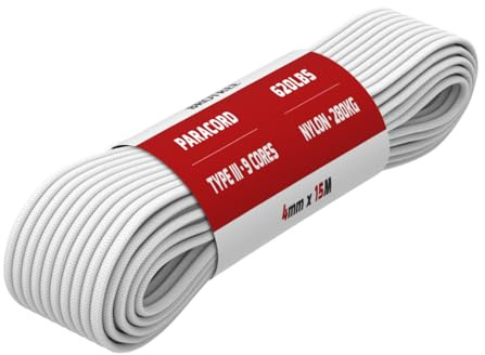 Brotree Paracord 4mm 15M 100% Nylonrep 9 Trådar Sladd Typ III Nylonsnöre för Utomhus, Camping, Hundkoppel, DIY, Armband - 280kg Brottlast (Vit)
