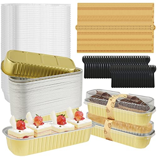 200pcs Mini Loaf Pans with Lids Spoons and Stickers 200ml Heat Resistant Aluminum Mini Loaf Tins Reusable Foil Bread Container Cake Baking Tins Mini Cake Pans Cupcake Cases for Home Kitchen (Gold)