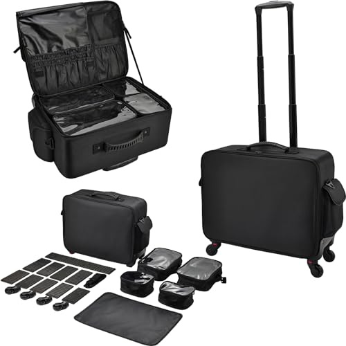 Rolling Makeup Case Cosmetology Case on Wheels Extra Large Cosmetic Artist Bag Portable TravelCase for Hairstylists Nail Tech Traveling Professional Make Up Train Suitcase Carts Trolley, Black