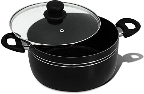 Daifort Nonstick Stockpot 24cm with Tempered Glass Lid-Induction Bottom-Suitable for All Types of Hobs-Granite Coated Cookware - Black