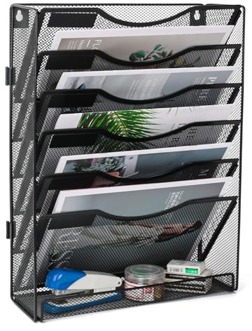 TQVAI 7 Compartimentos Malla Metal Revistero Pared Documentos Organizador Papeles A4 Colgante Oficina Archivador de Organizador Herramientas Pared, Negro