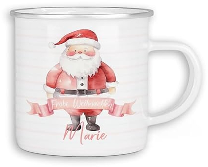 timalo® Emaille Tasse personalisiert mit Namen | Kinder Blechtasse Kindertasse Geschenk Weihnachten | Weihnachtsmann