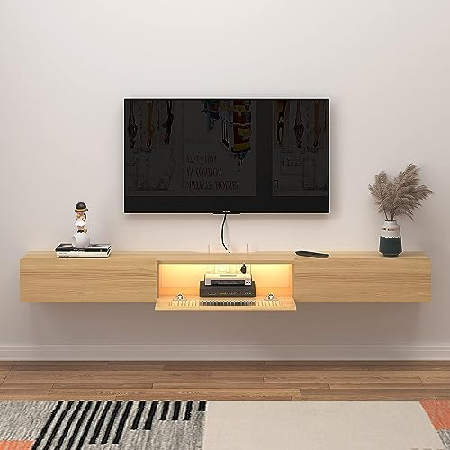 Pmnianhua Floating TV Stand with LED Lights, Wall Mounted TV Cabinet with Glass Door and 2 Drawers, Wooden Entertainment Media Console Center Large Storage Shelf Under TV (180cm, Light Oak)