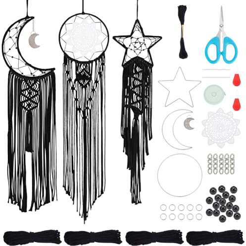 FREEBLOSS 3 Set Schwarze Makramee Traumfänger Set, Boho Makramee Traumfänger, DIY Makramee Wandbehang, Boho Hochzeit, Party, Dekoration, Zuhause, Baby, Kinderzimmer, Dekorationen