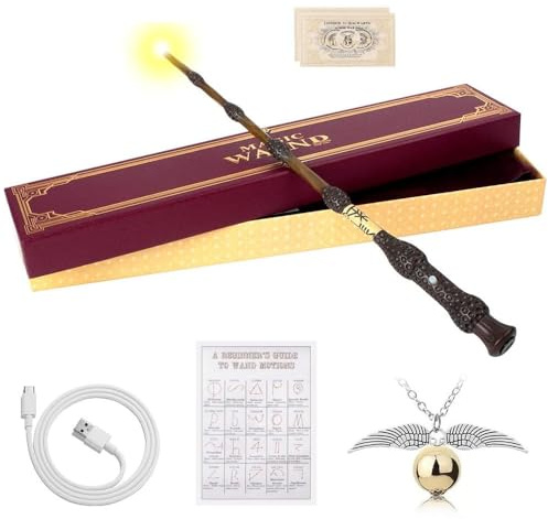 Hojalis Magic Wand, 37CM Light Up Wizard Wand with Station Ticket and Necklace, USB Charging Elder Wand Magic Props, Fairy Wand Witch Wand for Halloween Cosplay Costumes Accessories (A)