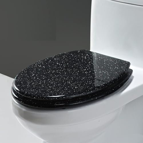 CYPOSLDN Glitter Slow Close Round Toilet Seats with Cover, Glitter Toilet Seat, Universal Quiet-Close Toilet Lid,Easy to Install And Clean, Sturdy Resin,Black