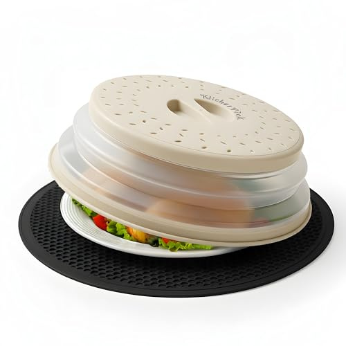 KitchenPick's Microwave Splatter Cover, Microwave Cover for Food, Microwave Splatter Guard Lid with Handle, 10 Inches Medium Collapsible Microwave Food Cover, White Microwave Plate Cover