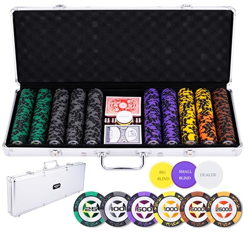 Engelhart - 320921 - Set di Poker - Valigetta in Metallo Argentato con 500 Gettoni (14 g) Alta (25-25000), 2 Set di Carte, 3 Bottoni da Croupier, 5 Dadi