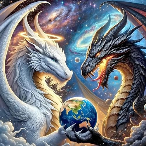 DPHERO DIY Gut und Böse Diamant Painting Bilder für Erwachsene Anfänger,5D Drache Diamond Painting Set,DIY Erde Runde Steine Diamant Kunst Kits, Diamant Painting für Zuhause Dekor 30x30 cm