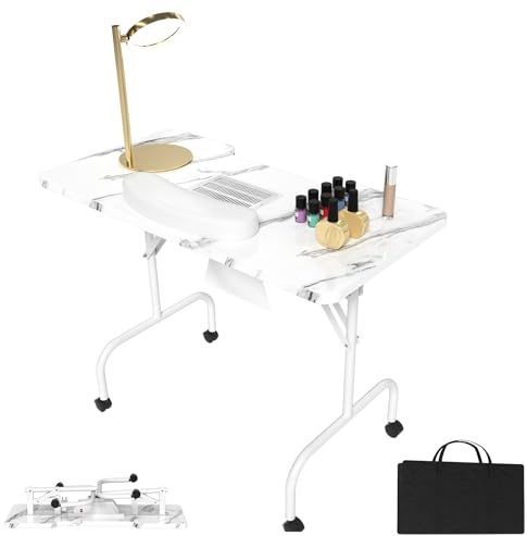LZQ Table de manucure pliable avec aspirateur - Table mobile pour aspiration de poussière - Salon de manucure - 94 x 48 x 72 cm - Grain blanc