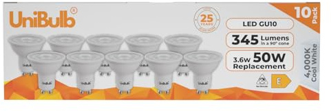 Unibulb GU10 Light Bulb, Downlight/Spotlight/Ceiling, 3.6W, 345 Lumens, 4000K Cool White, Replaces 50W, Non-Dimmable, 25yr Lifespan (10)