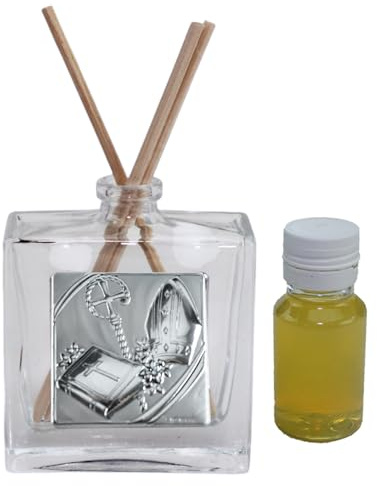DLM-A737 Bomboniere 12 Utili Profumatori in vetro con Crocifisso Tao bastone libro e Cappello del Papa 12 profumi 12 scatole per Cresima ragazzo o ragazza tema floreale cm 7x6 da 50 ml