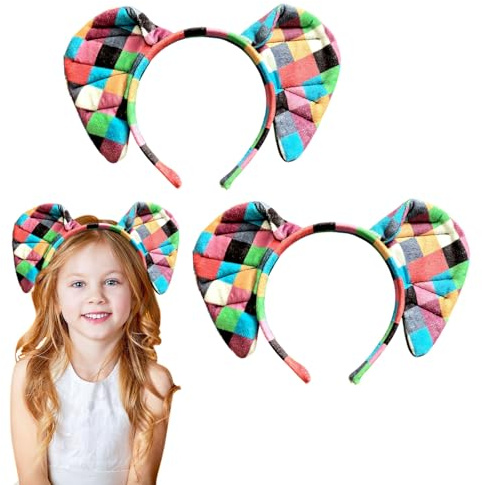 SAIIURV 2 Pack Patchwork Elephant Ears Headband for Kids Toddlers, Children Elmer Style Elephant Hair Bands Animal Fancy Dress Ears Headband, Animal Costume Accessories for Cosplay Party Festival