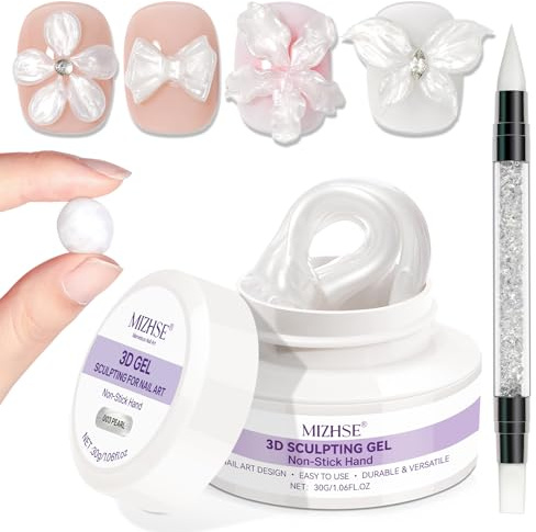MIZHSE Pärla Vit 3D-skulptur Nagelgel, 3D Gel Nagelkonst för Modellering, Pärlvit Skulptur Nagellim icke Pinne Hand, Strass-lim för Nagelkonst Med Silikonnagelborste, 30G 1PC