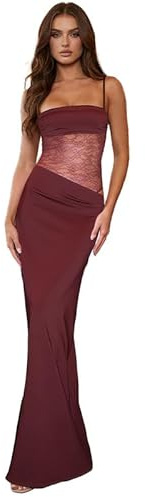 Sukiglam Vestido Largo Mujer Sexy Encaje Patchwork Vestidos de Tirantes Elegante sin Mangas Cuello Cuadrado Maxi Vestido Ajustado Verano Y2k Casual Bodycon Recortado Vestidos de Fiesta Cóctel Club