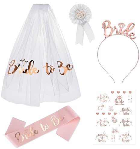 JNYUTEEN 5 Stück JGA Accessoires Frauen, Frauen Schleier Bride To Be Schärpe und Schleier, Abzeichen Tiara Bachelorette Tattoo Bride to be Deko für Junggesellenabschied Brautparty