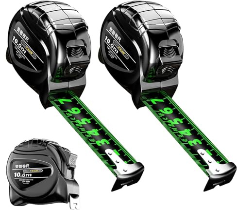 2 Pack 10M/32.8ft Fluorescent Tape Measure, Width 25mm Waterproof Tape Measure, Stainless Steel Retractable Tape Measuring, Single Sided Graduated, Easy To Read Self-Lock Measuring, Black