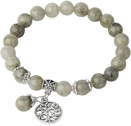 Generico Bracciali Con Pietre Naturali,Bracciale In Cristallo Di Labradorite Naturale, Ciondolo Con Albero Della Vita, Gioiello Con Perline Elastiche, Souvenir Portafortuna Per Donne E Uomini.