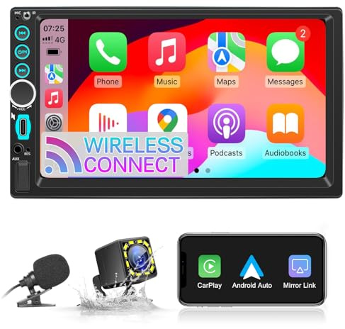 [Aggiornamento] CarPlay&Android Auto Autoradio 2 Din,Ricevitore multimediale digitale da 7 pollici,Doppia radio DIN con schermo,Telecamera posteriore,Mirror link,FM/Phone GPS Navi (WIRELESS CARPLAY)