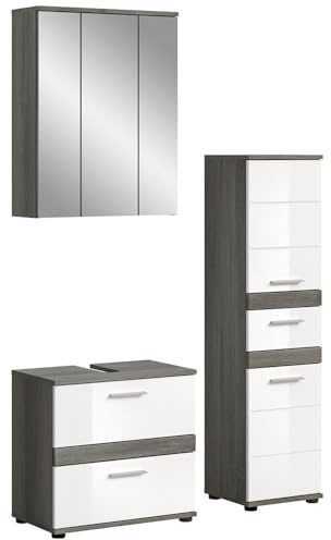 Badkombination 3-teilig, in Rauchsilber Nachbildung mit Front in weiß hochglanz tiefzieh, Höhe 191 cm, Badmöbel-Set, Waschbeckenunterschrank, Spiegelschrank, Badkommode, Highboard, Hochschrank
