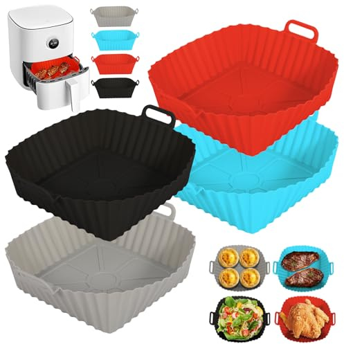 PQETBV Moldes de Silicona para Freidora de Aire, 4 Piezas Molde de la Freidora de Aire, 21cm Recipiente Silicona Air Fryer, Reutilizable Moldes Silicona Apto para Freidora de Aire Horno