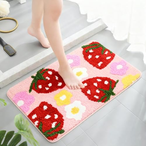 Rosa Badezimmerteppich Bunte Badematten, Erdbeer Badematte Rutschfest Waschbar Badteppich, Bath Mat Weiche Mikrofaser Duschvorleger Flauschig Badvorleger Absorbierende Badezimmer Matte Teppich 45x65cm