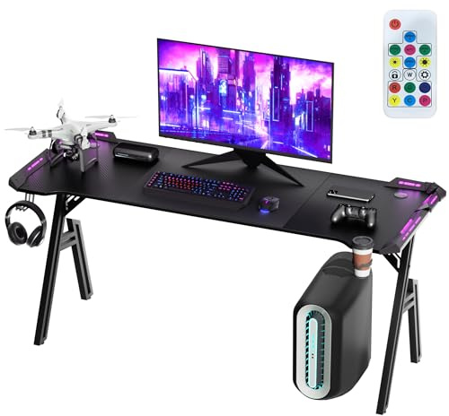 HENGMEI Gaming Desk with LED, 160 x 60 cm Computer Desk with Headphone Hook, Drink Holder, Gaming Table, Carbon Fibre Coated Sturdy PC Desk for Home, Office, Bedroom, Black