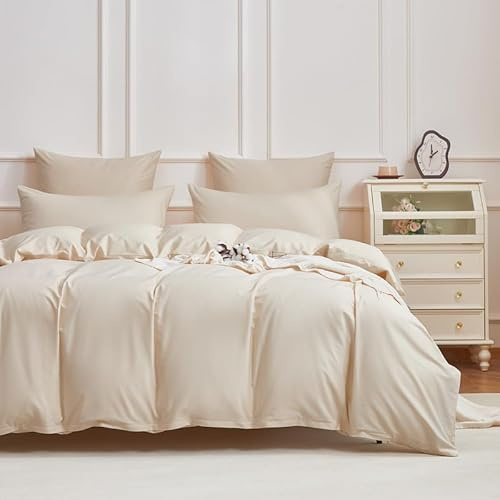 Gezu Housse de Couette Satin de Coton 220x240cm Beige 100% Coton Parure de Lit 220x240 Adulte Naturel Coton à Fibres Longues Moderne Doux Linge de Lit avec Fermeture Éclair et 2Taies d'oreiller 65x65