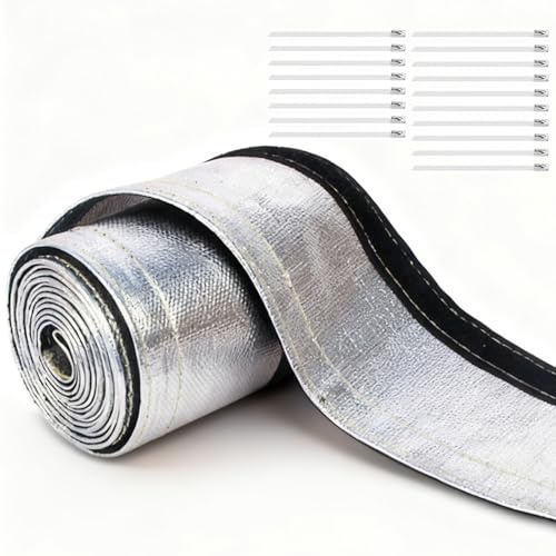Tuyau de protection thermique aluminisé 600 x 106 mm - Résistant à la chaleur avec fermeture et bandes en acier inoxydable - Protection thermique isolée pour câbles, conduites de carburant et tuyaux