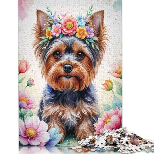 1000 Pieces Cute Yorkshire with Floral Crown Watercolor Square Jigsaw Puzzles for Adults And Paper Puzzles 38x26cm/1000pcs