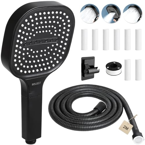 FALSKT Soffione Doccia Anticalcare con Tubo 2M, 3 Modalità, Doccetta Grande 130mm doccino per doccia Soffione doccia Alta Pressione Risparmio Idrico,8Filtro Doccia,1Supporto(Nero)