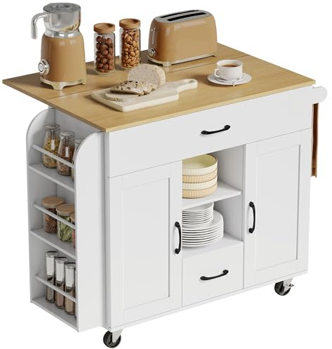 HOMCOM Kücheninsel auf Rollen mit 2 Schubladen 115x40(70) x89 cm Weiß