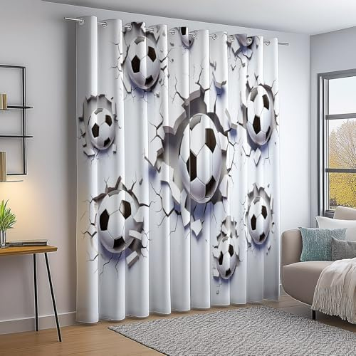 Vorhänge Blickdichte mit Ösen Gardinen 2er Set Grau Verdunkelungsvorhang Cartoon Fußball Thermovorhang Ösenvorhang Schiebevorhänge für Schlafzimmer Wohnzimmer H166 x B75 cm