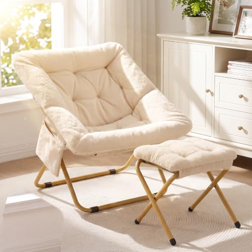 Clevich Relaxsessel mit Hocker, Untertassenstuhl, Klappbarer Loungestuhl | Bequemer Faux-Fur Akzentstuhl, Klappbar Sessel Scandinavian, mit Seitentasche, für Wohnzimmer, Schlafzimmer, Wohnheim