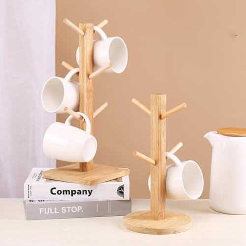 VRTYVEYBB Portavasos de madera en forma de árbol con 6 ganchos para decoración de cocina y oficina, 25 x 6 x 6 cm, color natural