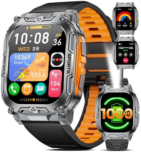 Smartwatch Herren Militär mit 1000mAh Akku/Telefonfunktion,Herzfrequenz/Schlafmonitor/IP68 Wasserdicht/2 Armbänders (Grau)