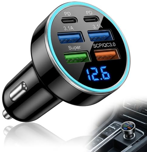 66W Cargador de Coche, USB C Mechero Carga Rápida con 6 Puertos [2PD+2 3.1A USBA +1Super+1SCP/QC3.0], Adaptador Coche 12V/24V con Voltímetro LED para 1Phone, Samsung, Tablet, Smartphone, GPS