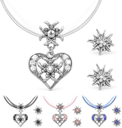 3er Trachtenschmuck Damen Set, Oktoberfest Accessoires für dirndl schmuck | Trachtenkette mit Strass Edelweiß Herz Anhänger und Edelweiß Ohrstecker