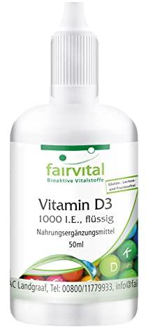 Fairvital | Vitamin D3 Tropfen - 50ml - 1000 I.E. pro Tropfen - in MCT Öl aus Kokos - Vitamin D flüssig mit 1600 Tropfen pro Flasche