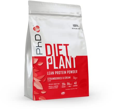 PhD Nutrition Diet Plant, Vegan Protein Powder Plant Based, Strawberries and Cream, High Plant Protein, 40 Servings Per 1 kg Bag (Packaging May Vary)