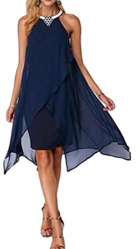 Minetom Robe De Cocktail Asymétrique Au Genou Femme sans Manche Mousseline De Soie Cocktail Bal Mariage Courte Robes Fête A Bleu Foncé XXL