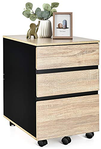 GOPLUS Rollcontainer mit 3 Schubladen, Schubladenschrank mit 5 Rädern, Aktenschrank Büroschrank Bürocontainer für Dokumente & Briefe, 39 x 53 x 58 cm