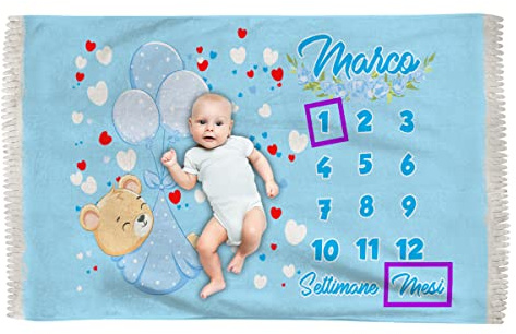 Overthetee Coperta Complimese Neonato Personalizzabile con Nome Compimese 1-12 Mesi Copertina Crescita Baby Regalo Nascita Originale Maschio o Femmina Orsetto