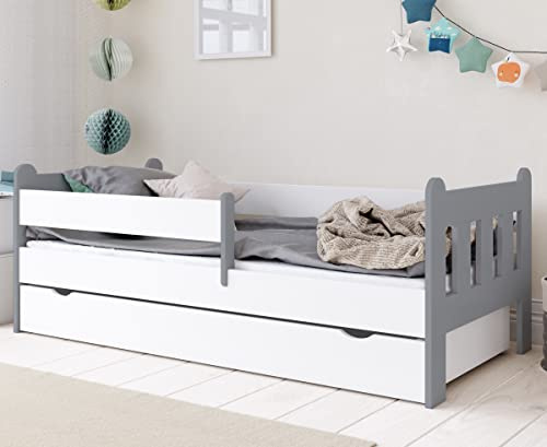 Kids Collective Kinderbett 80x160 | 80x180 | 90x200 cm mit Schublade, Rausfallschutz & Lattenrost in weiß-grau 80x180 cm Mädchen Jungen Bett | von 3. bis 12. Lebensjahr
