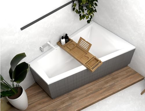 ECOLAM® Badewanne RITA 160x100 cm RECHTS Trapezwanne Eckwanne Trapezform + Bambusablage + Ab- und Überlauf Alcaplast Füße Silikon SET