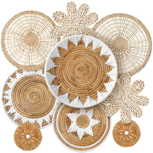 Xuhal Juego de 8 cestas de pared tejidas, decorativas, rústicas, bohemias, hechas a mano, de mimbre redondo, arte de pared para el hogar, cocina, mesa de