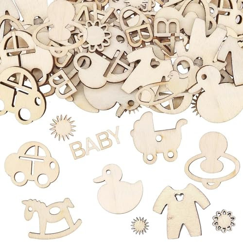 QZKJQDD Lot de 100 décorations de fête prénatale, décoration de baptême, fête prénatale, décoration de fête prénatale, confettis en bois pour fête de révélation de genre, fête prénatale, décoration de